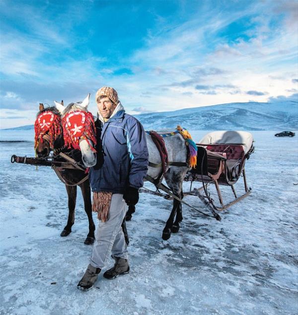 Buz stndeki kzak    <br>ldr Gl buz tutmu. K en etin ekilde sryor. Dars eksi 15 derece. Buz tutmu Gz zerindeki kzak atlaryla kameraya glmsyor.