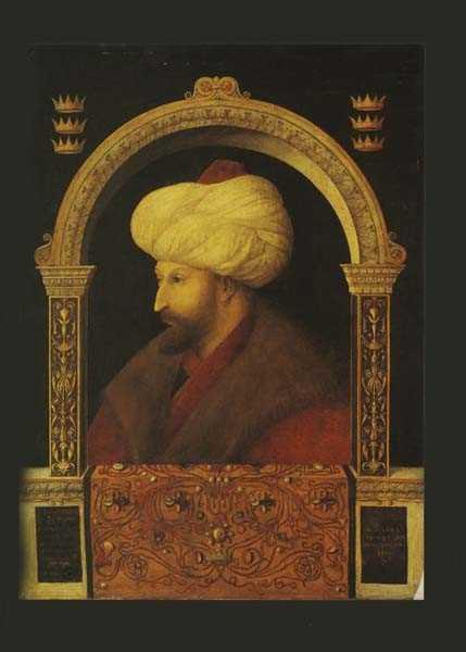 NEDEN 6 TA?<br>    Tabloda Sultann sa ve sol taraflarnda 6 ta yer alr. Yazara gre bu talar yaygn kanaatin aksine fethedilen devletleri sembolize etmiyor; Fatih'in atalarn ifade ediyor. Bunlarn  Osman Gazi, Orhan Gazi ve I. Murad, emir unvanna sahipti; dier  ise 1395 ylnda Msr Halifesi tarafndan Yldrm Bayezid'e verilen sultan unvann tayordu. Bu olay hatrlamak iin her Osmanl hkmdar tahta ktnda kl kuanrd.