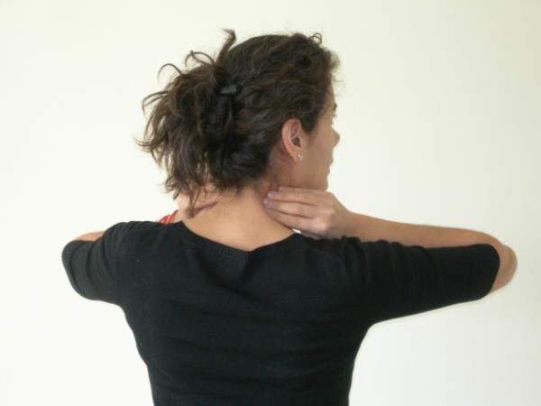 Boyun  blgesi iin yaptmz bu egzersiz uygulama esnasnda terapistin gsterdii ekilde her iki elimizin boynumuzun iki tarafnda yukardan aaya doru bask uygulayarak kaydrlmas esnasnda, kafann saa ve sola evrilmesi eklinde yaplmaktadr.