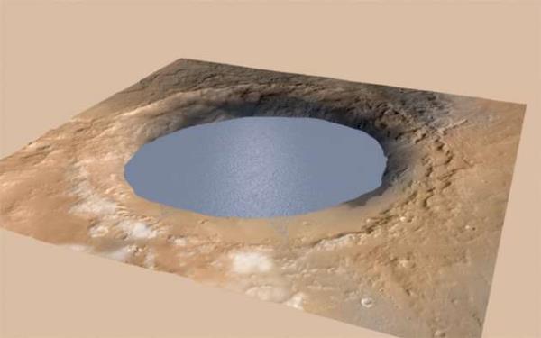 NASA&#8217;nn Mars&#8217;taki Curiosity (Merak) keif arac, 154 kilometre geniliindeki Gale kraterinin milyonlarca yl nce suyla dolu bir gl olabileceini kantlayan yer ekillerini fotoraflad.