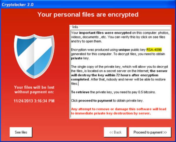 CryptoLocker<br>  CryptoLocker Truva at olarak Windows altran bilgisayarlar hedef ald. Kendini yaymak iin eitli yntemler kullanan virs, e-posta yoluyla bilgisayarlara bulam.Fidye genellikle n demeli nakit veya bitcoin ile 400 $ tutarnda.