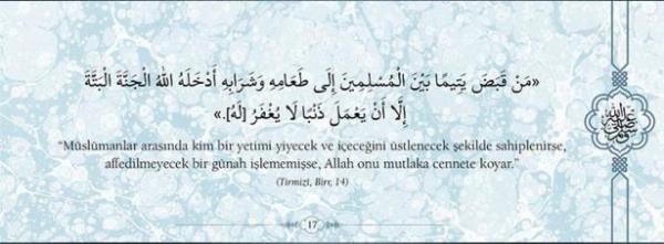 "Mslmanlar arasnda kim bir yetimi yiyecek  ve ieceini stlenecek ekilde sahiplenirse,  affedilmeyecek bir gnah ilememise, Allah  onu mutlaka cennete koyar." (Trmizi, Birr, 14)