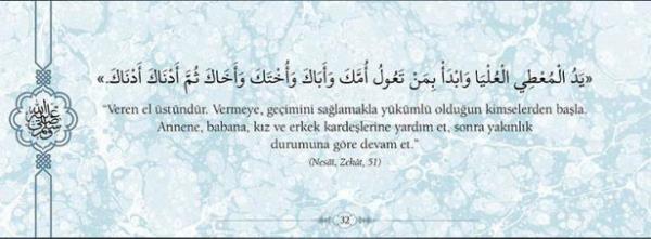 "Veren el stndr. Vermeye, geimini  salamakla ykml olduun kimselerden bala.  Annene, babana, kz ve erkek kardelerine  yardm et, sonra yaknlk durumuna gre devam  et." (Nesai,Zekat,51)