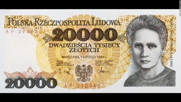 Radyoaktif almlar ile nobel dlne layk grlen nl kimyager ve fiziki Marie Curie Polonyann ulusal paras 20.000 zloty&#8217;de 80ler ve 90larda yer akd. Curie ayrca Fransa&#8217;nn ulusal paras 500 franc ta da kocas Pierre ile yer alyor.