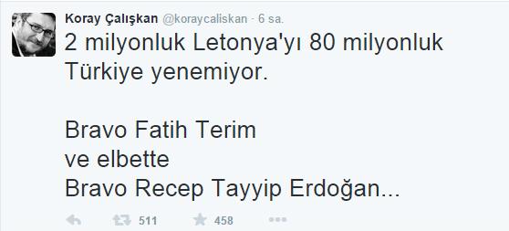 Dn akam oynanan Trkiye Letonya Futbol ma berabere bitince, retim yesi Koray alkan'n Cumhurbakan Erdoan' sorumlu tutup 'Bravo Recep Tayyip Erdoan' demesi sosyal medyada alay konusu oldu.