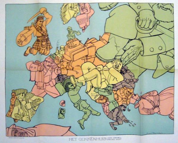 Bu propaganda haritas ise, Hollanda'da 1915'te yaynlanm. Haritaya gre, talya Birinci Dnya Sava'na daha yeni dahil olurken, Hollanda tarafszln koruyor. Osmanl mparatorluu ise Anadolu'da srt st yatan bir adam olarak tasvir edilmi.