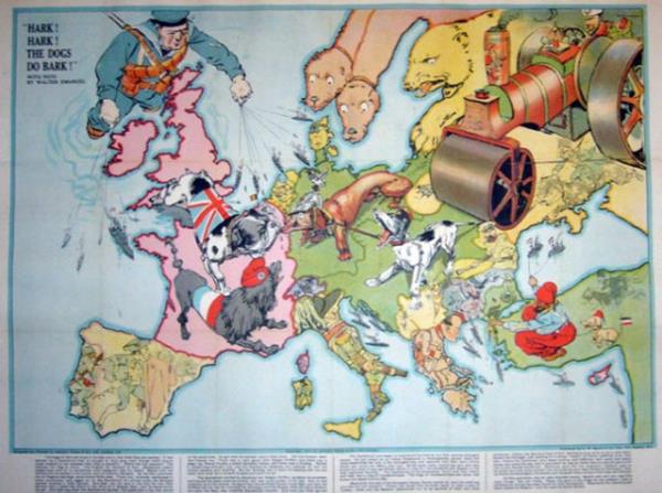 1914 ylnda ngiltere'de yaymlanan haritada bu kez kpekler savayor. Birinci Dnya Sava'nn tasvir edildii haritada, Fransz kanii ile ngiliz bulldou, Avustralya-Macaristan krma kpei ve Alman sosis kpeiyle mcadele ederken grlyor.