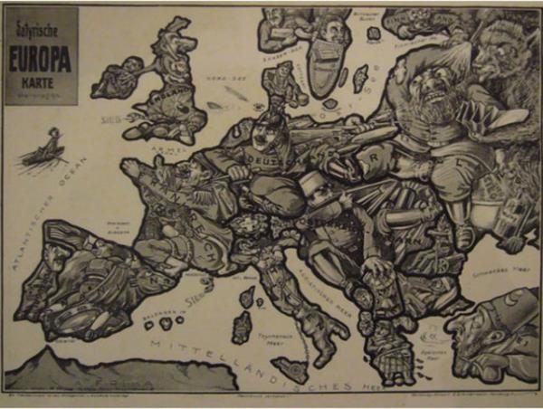 Almanya'nn Hamburg kentinde 1914'te E. Zimmermann tarafndan yaymlanan propaganda haritasnda Osmanl mparatorluu fesli ve pipolu ihtiyar bir adam olarak izilmi.