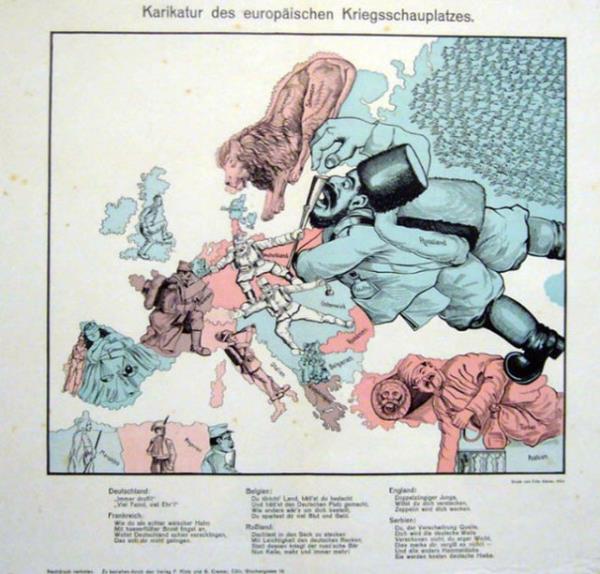 Almanya'nn Kln kentinde F. Klotz ve G. Cremer tarafndan izilen propaganda haritasnda bu kez Osmanl mparatorluu, Anadolu'da ml ml uyuyan bir adama benzetilmi.
