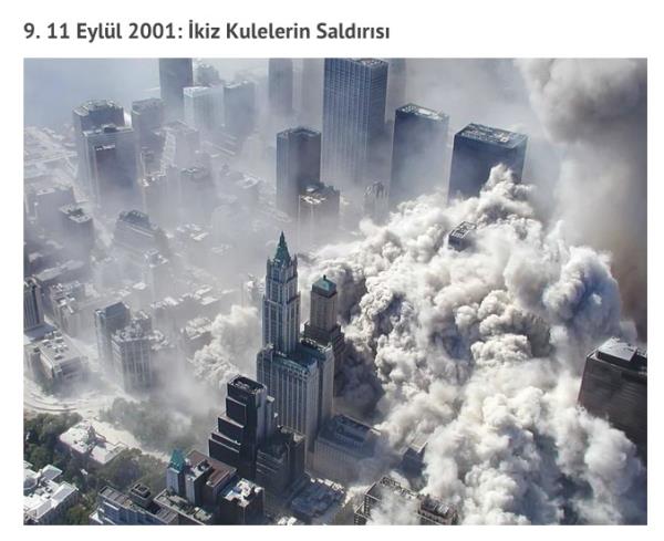 11 Eyll saldrlar (ngilizcede 9/11 olarak da bilinir), El-Kaide'ye bal kiiler tarafndan karlan uaklarn 11 Eyll 2001 tarihinde Amerika Birleik Devletleri'ndeki iki farkl hedefe intihar saldrs dzenlemesiyle gerekleen bir dizi terr saldrs. Saldrlar sonucunda 19 hava korsan dahil 2.996 kii hayatn kaybederken, 10 milyar $'n stnde maddi hasar meydana geldi.<br>    Saldrnn Bilanosu: 2996 l, Binlerce Yaral