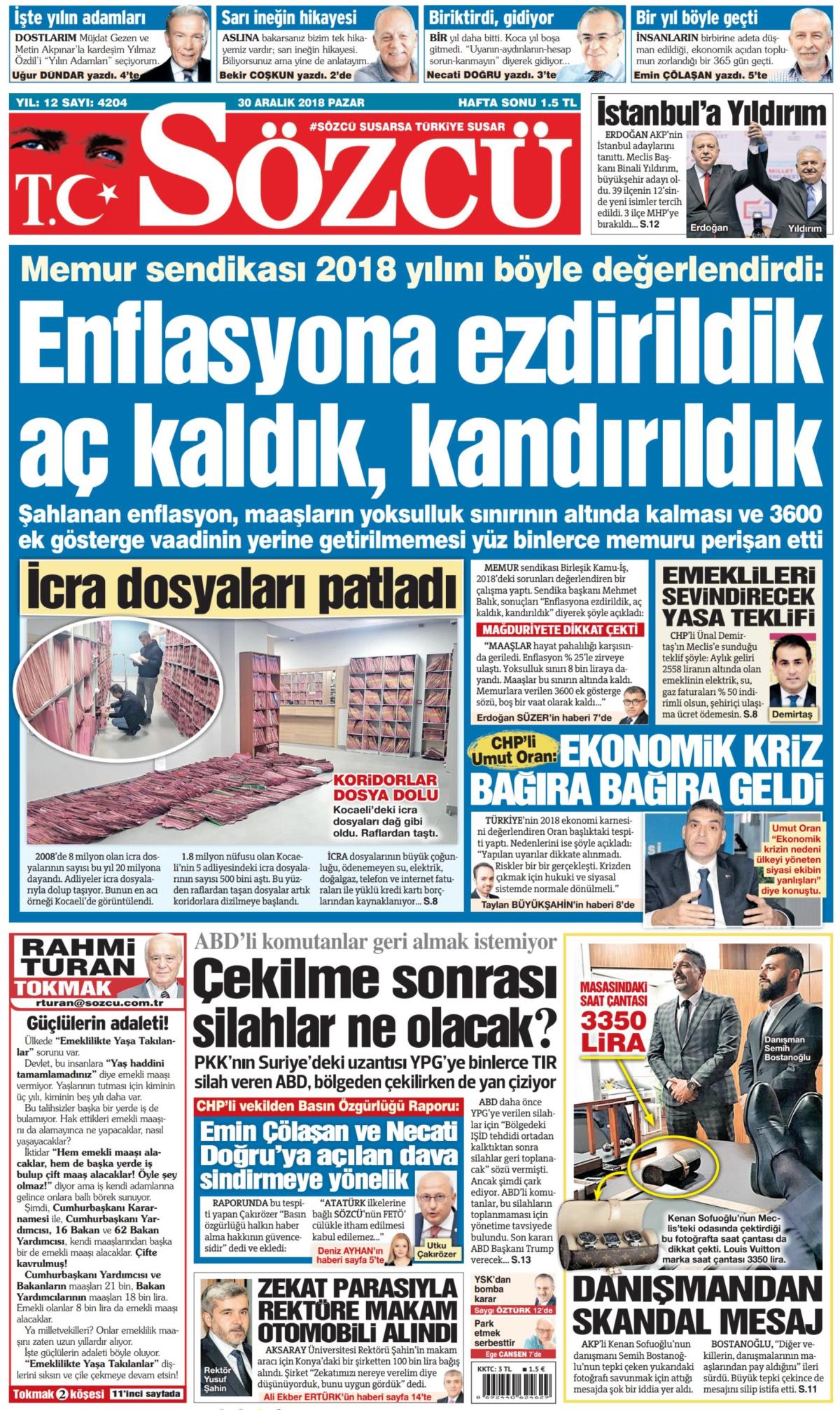 30 Aralık 2018 Pazar tarihli Sözcü gazetesi manşeti - Memurlar.Net