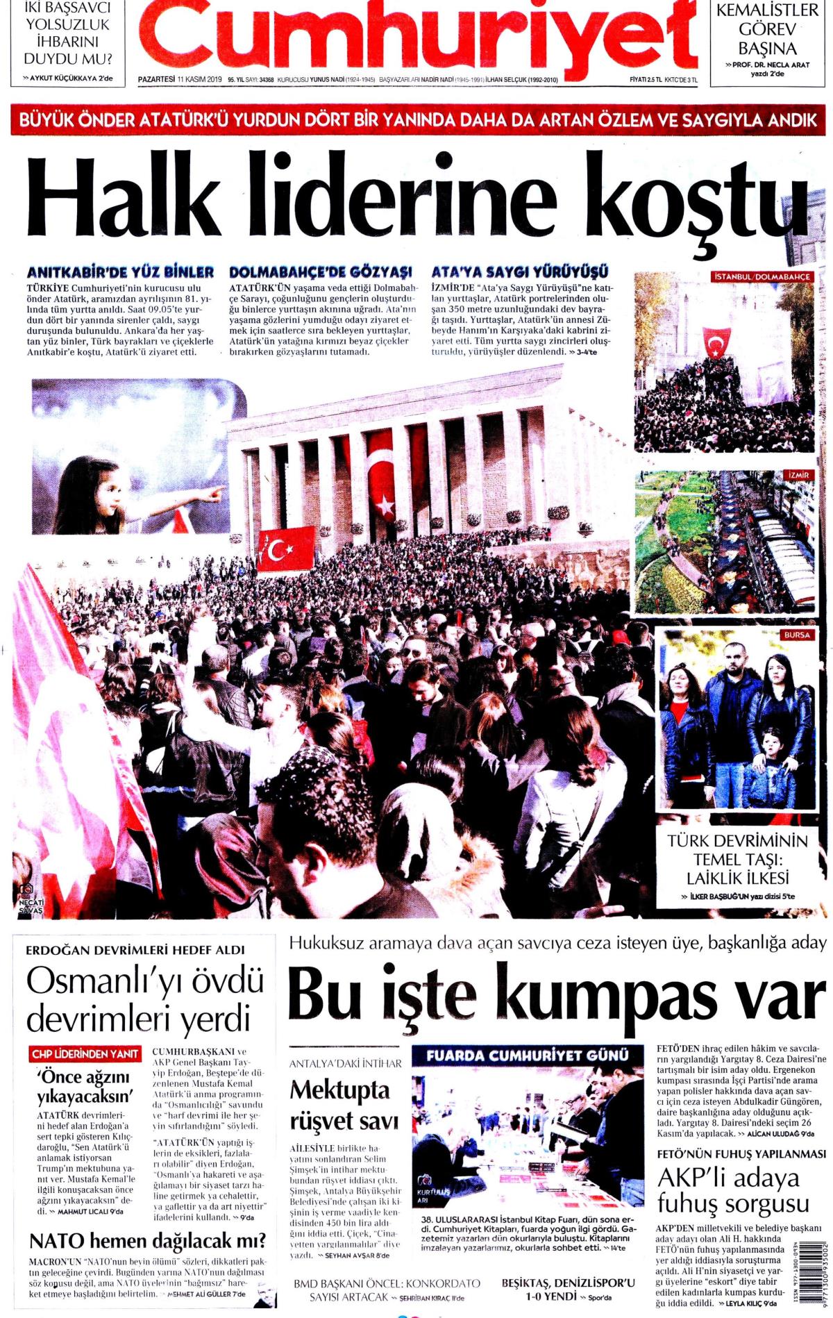 11 Kasım 2019 Pazartesi tarihli Cumhuriyet gazetesi manşeti - Memurlar.Net