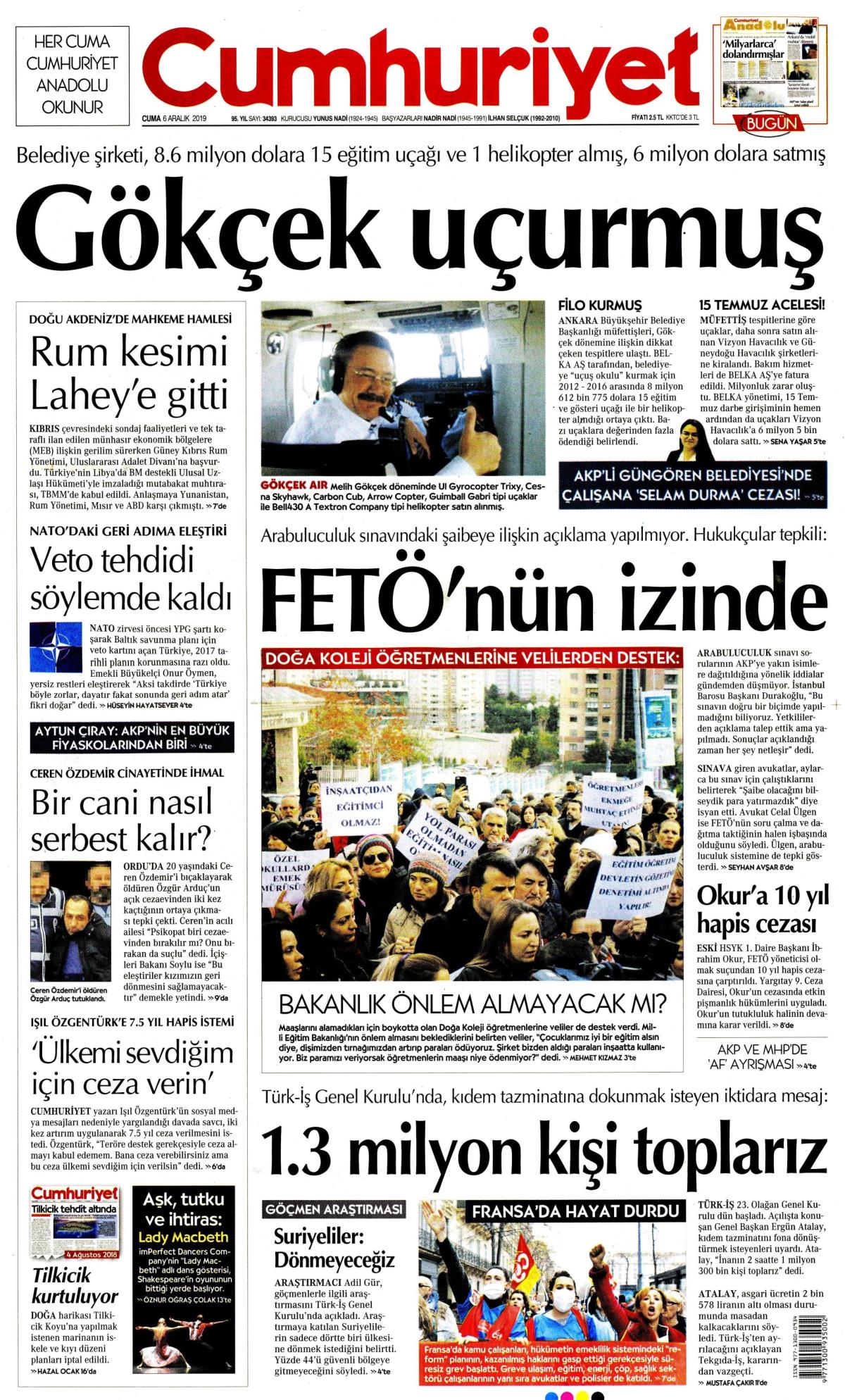 6 Aralık 2019 Cuma tarihli Cumhuriyet gazetesi manşeti - Memurlar.Net