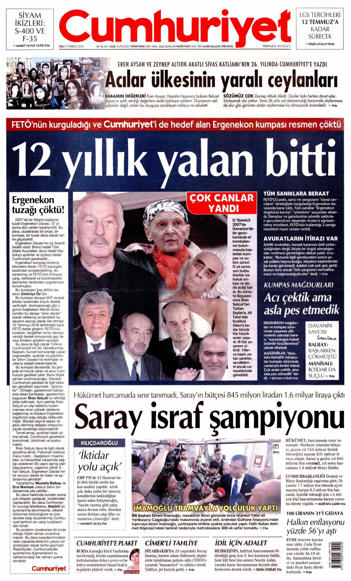 2 Temmuz 2019 Salı tarihli Cumhuriyet gazetesi manşeti - Memurlar.Net