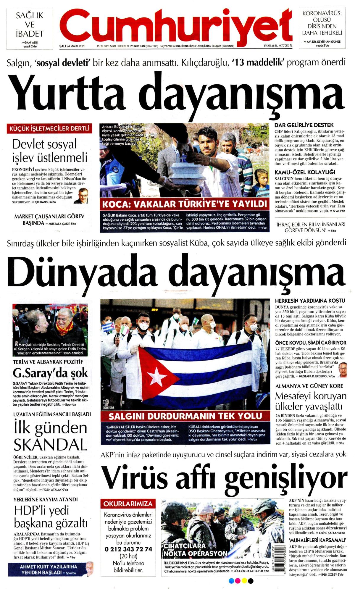 24 Mart 2020 Salı tarihli Cumhuriyet gazetesi manşeti - Memurlar.Net