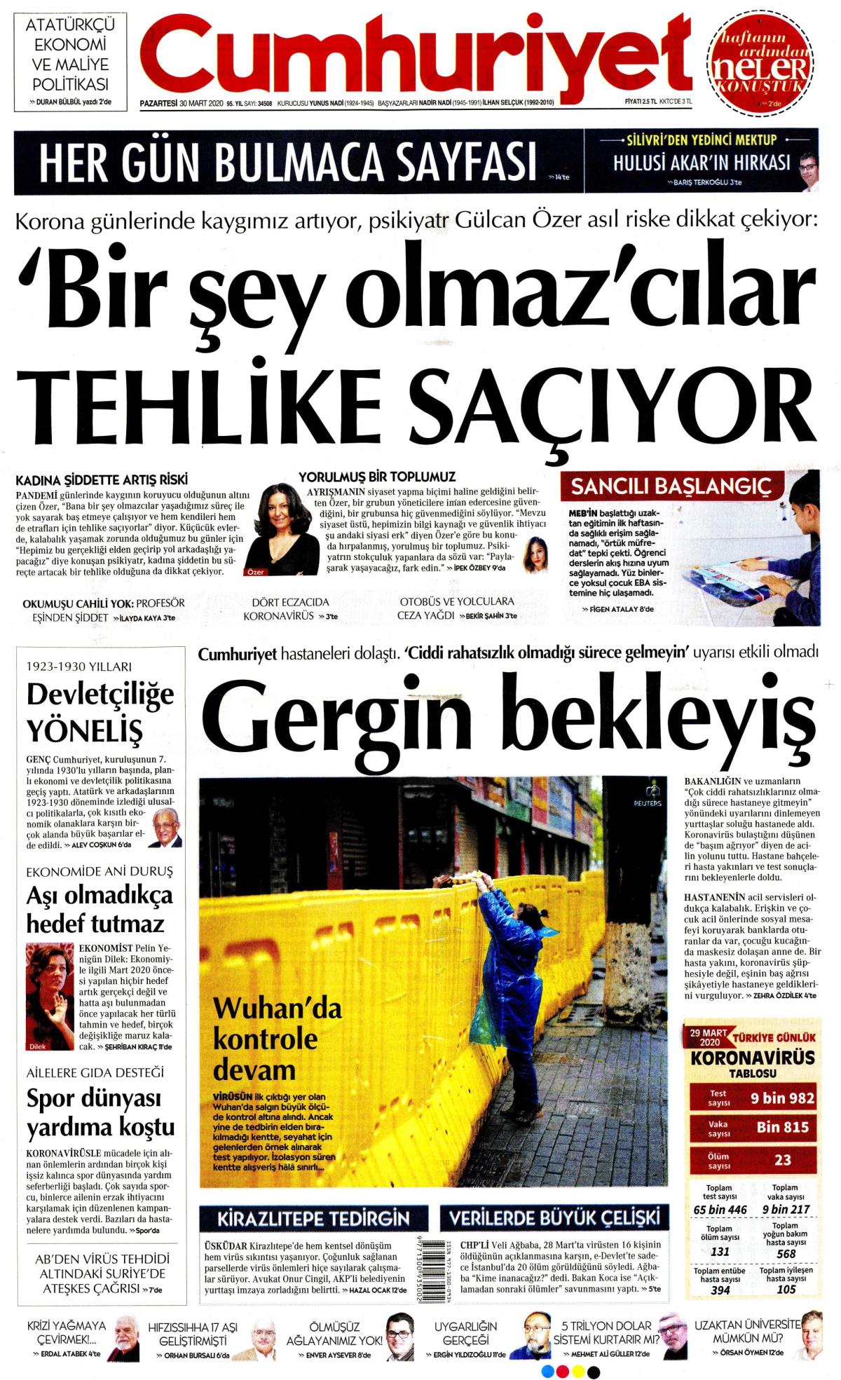 30 Mart 2020 Pazartesi tarihli Cumhuriyet gazetesi manşeti - Memurlar.Net