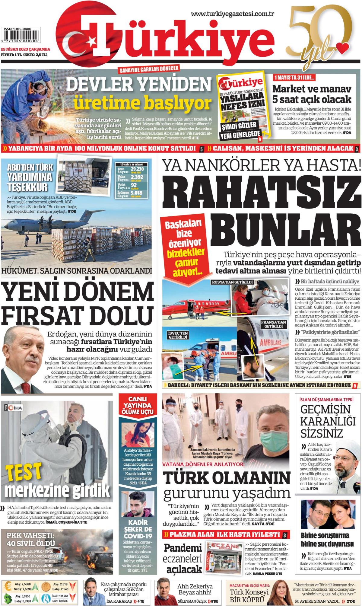 29 Nisan 2020 Çarşamba tarihli Türkiye gazetesi manşeti - Memurlar.Net