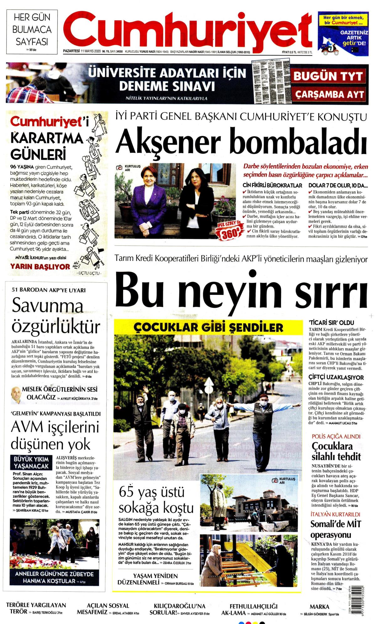 11 Mayıs 2020 Pazartesi tarihli Cumhuriyet gazetesi manşeti - Memurlar.Net