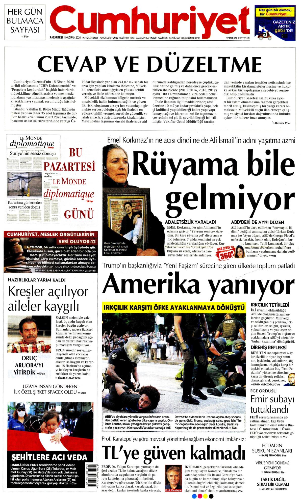 1 Haziran 2020 Pazartesi tarihli Cumhuriyet gazetesi manşeti - Memurlar.Net