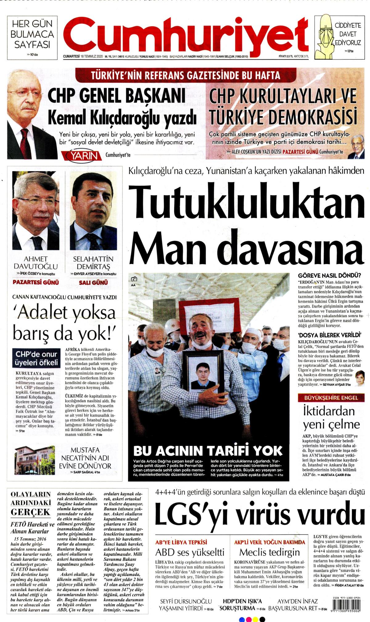 18 Temmuz 2020 Cumartesi tarihli Cumhuriyet gazetesi manşeti - Memurlar.Net