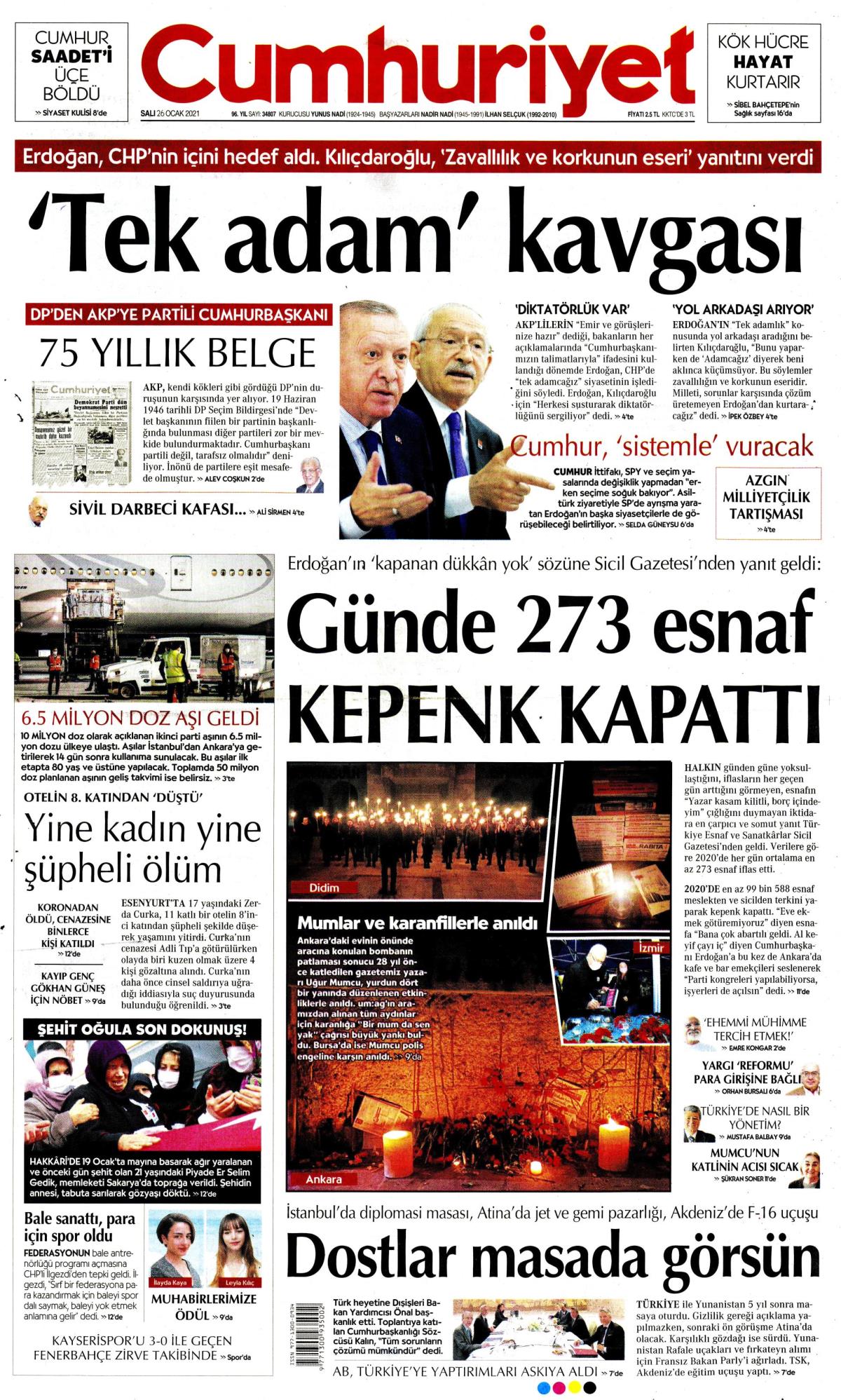 26 Ocak 2021 Salı tarihli Cumhuriyet gazetesi manşeti - Memurlar.Net