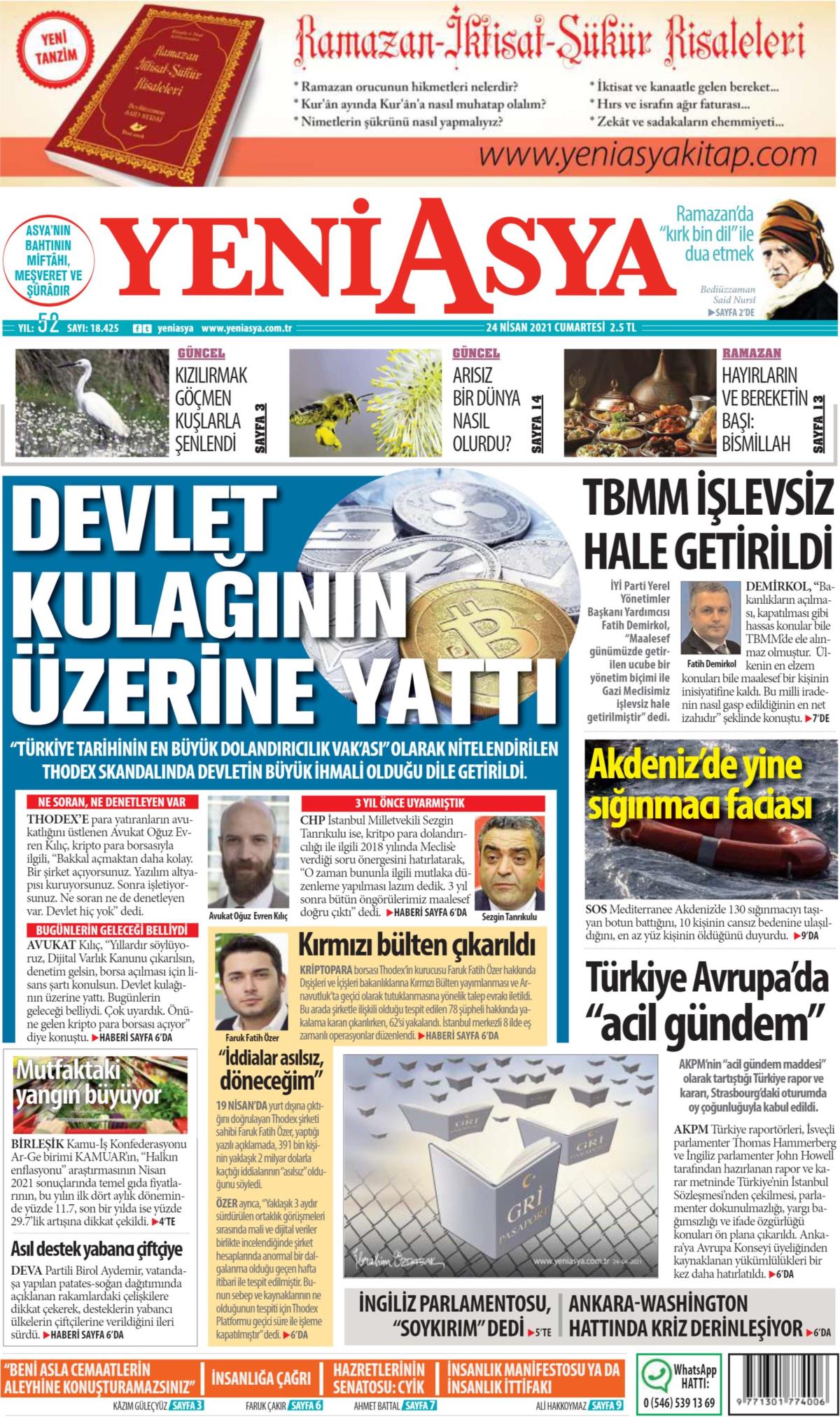 24 Nisan 2021 Cumartesi tarihli Yeni Asya gazetesi manşeti ...